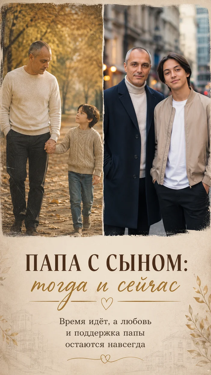 Фотооткрытка с текстом «Папа с сыном: тогда и сейчас»