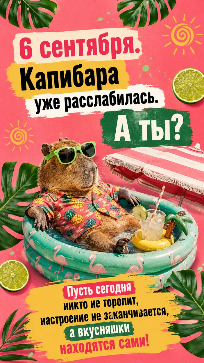Фотосессия капибары в тропическом коллаже на 6 сентября