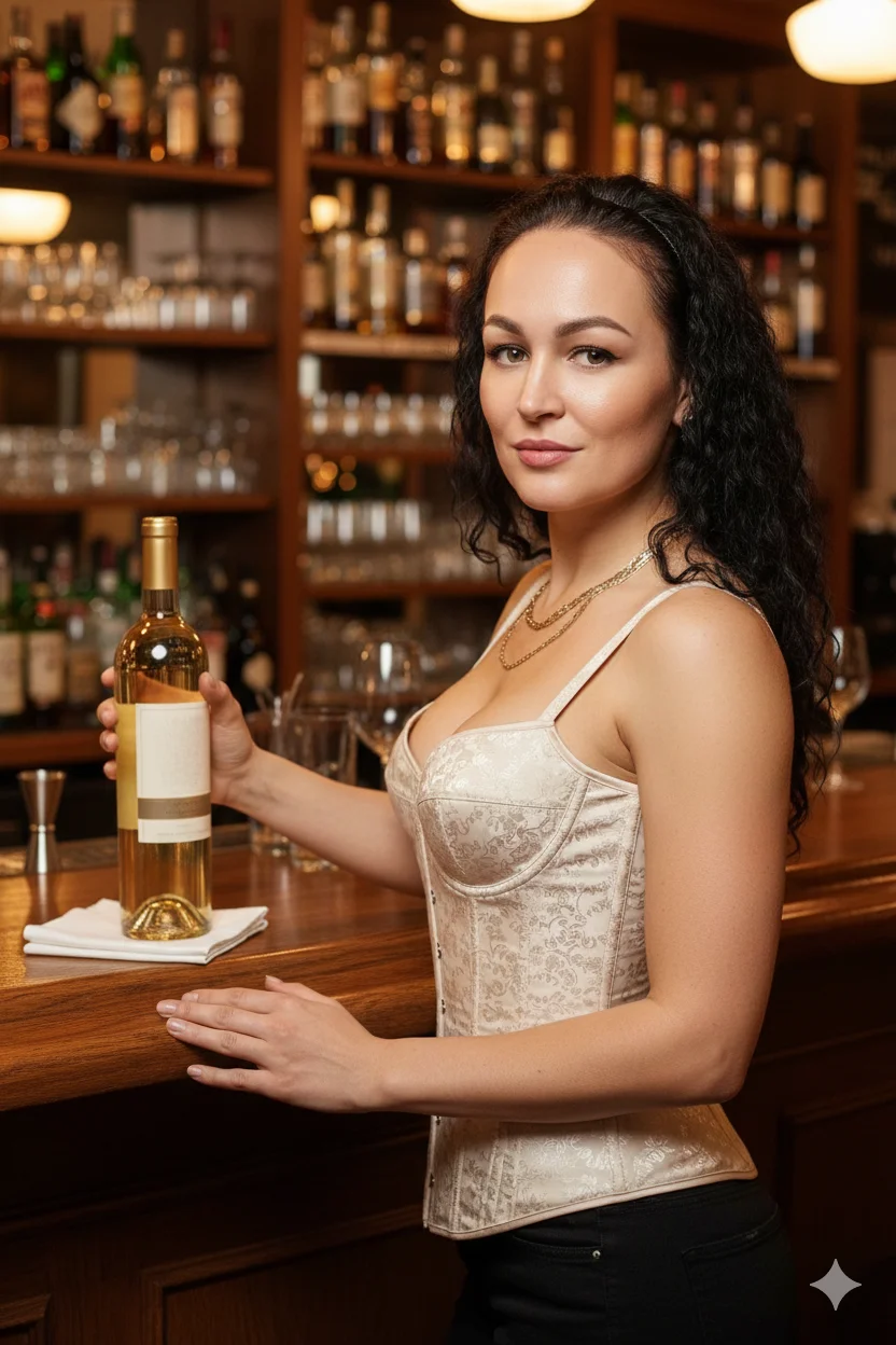 Женщина за барной стойкой в светлом корсете