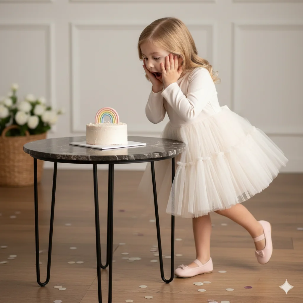 Девочка в интерьере в светлом платье стоит у стола с тортом и радугой