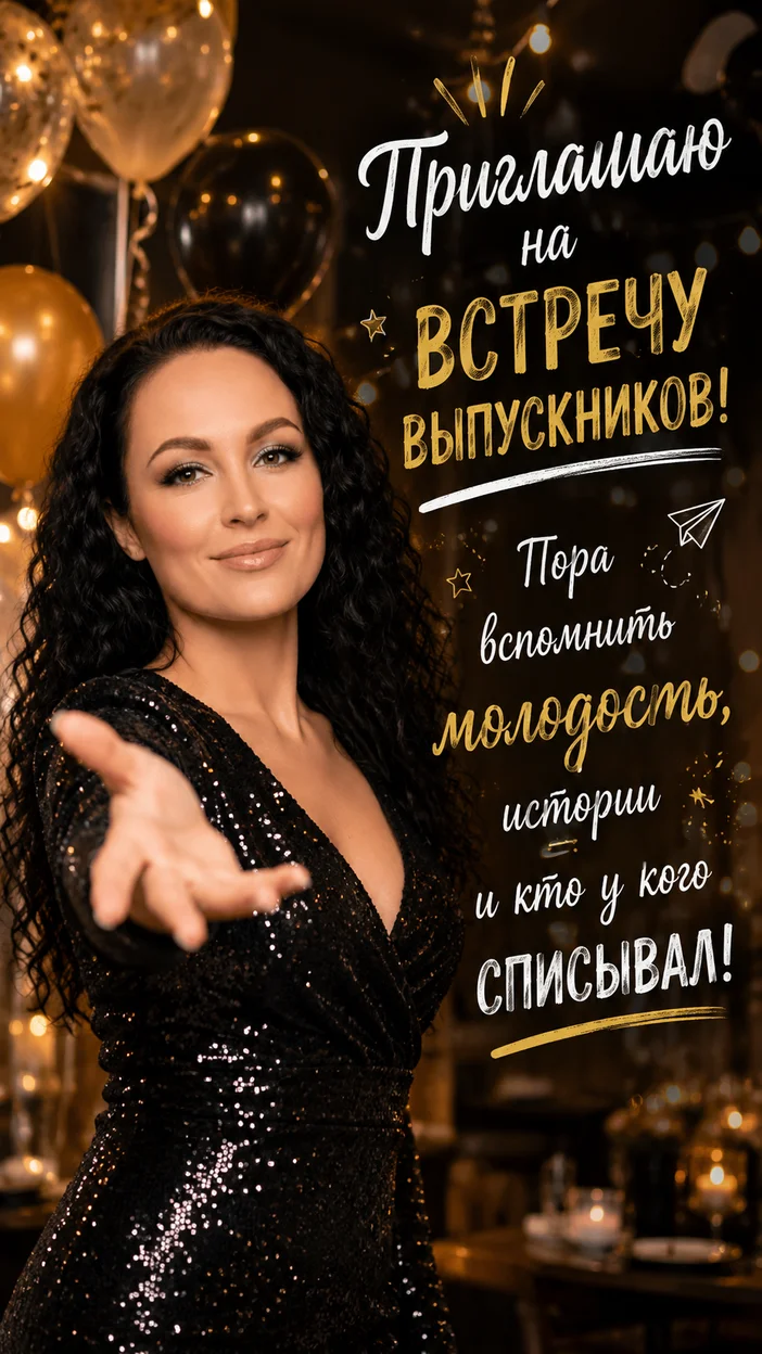 Фотооткрытка встреча выпускников с текстом «Приглашаю на встречу выпускников! Пора вспомнить молодость, истории и кто у кого списывал!»