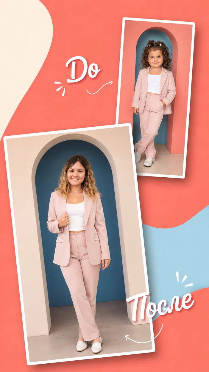  fashion-коллаж «до и после» с девочкой в детстве