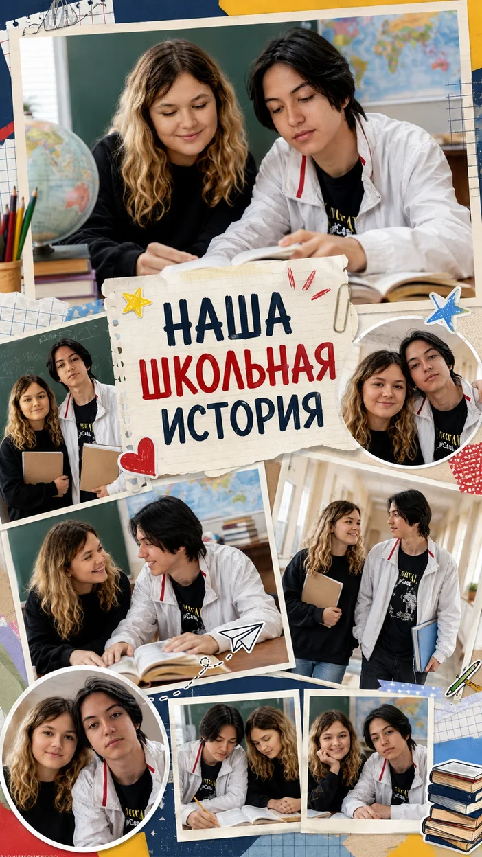 Фотосессия школьного коллажа парня и девушки в классе
