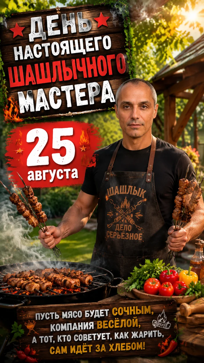 Фотосессия мужчины в футболке и фартуке у мангала