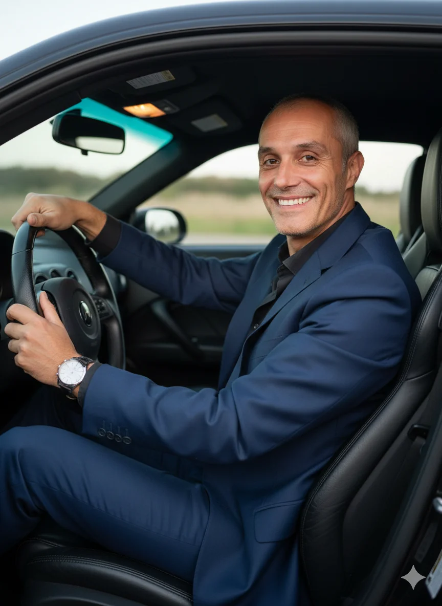 Мужчина за рулём спортивного авто в тёмном костюме