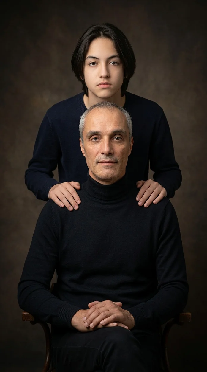 студийный портрет отца и сына в классическом художественном стиле.