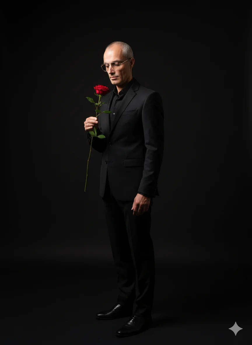 Мужчина в чёрном костюме держит красную розу на тёмном фоне