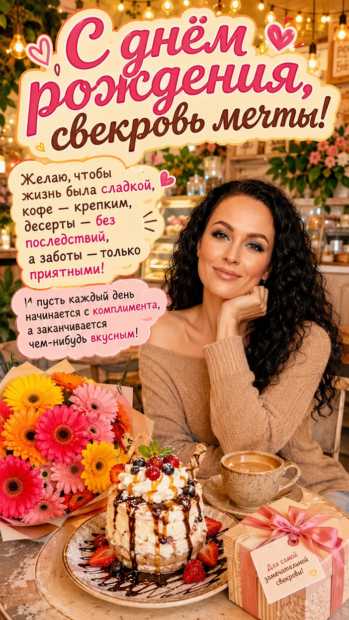 Фотосессия свекрови в кафе с десертом