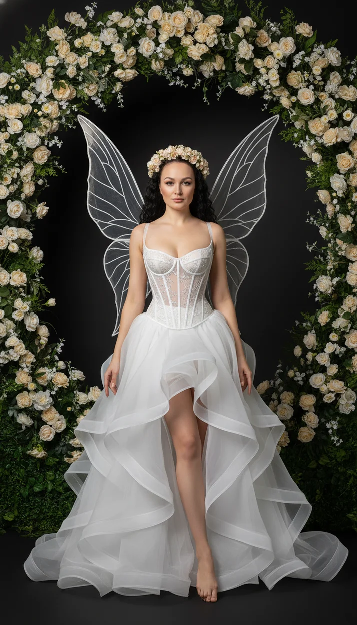 Девушка с большими прозрачными крыльями в цветочной арке