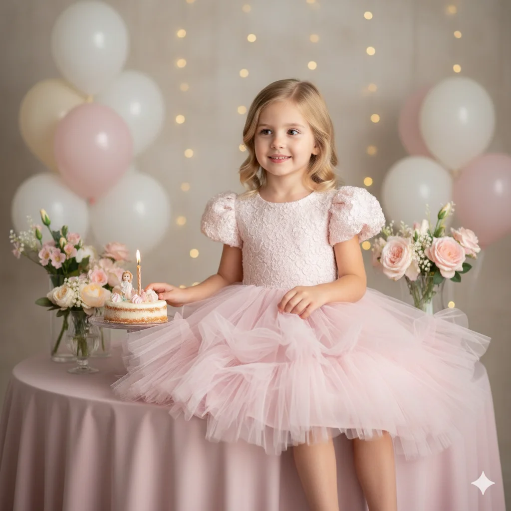 Маленькая девочка в розовом платье сидит на круглом столе с тортом среди цветов и шаров