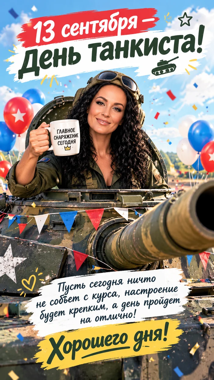Фотосессия стилизованный танк на площадке 13 сентября — День танкиста, мужчина с кружкой чая в люке