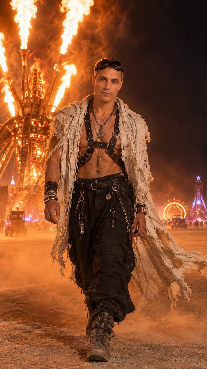 Фотосессия огненная ночь Burning Man — мужчина идёт на фоне механической инсталляции с фонтанами огня, тёплый контровой свет и брутальный фестивальный стиль