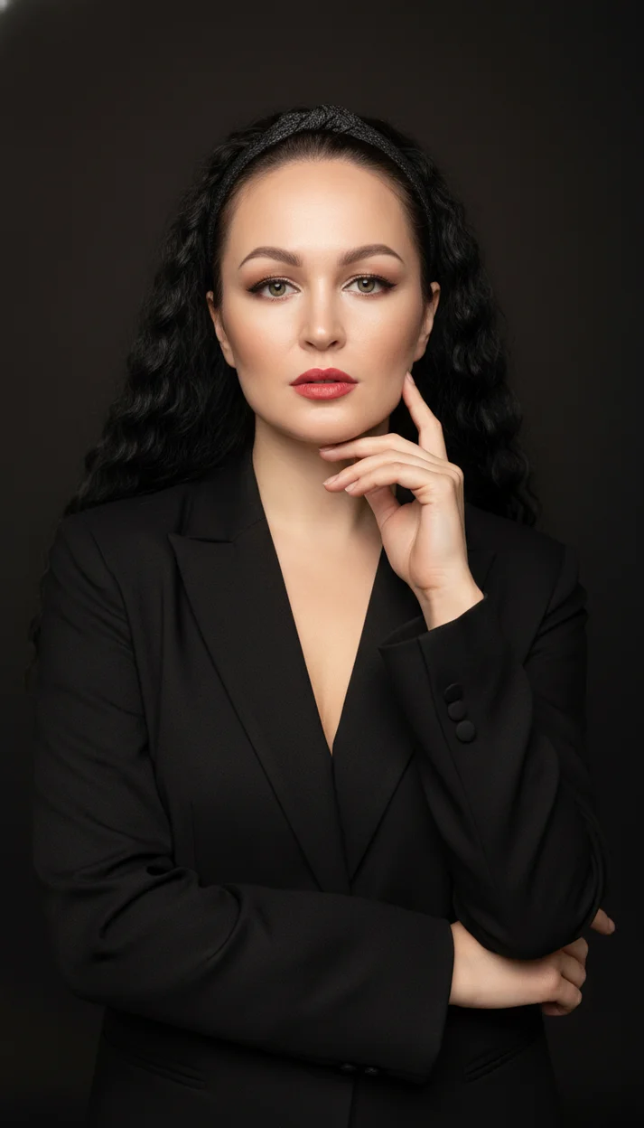 Женщина в студии в чёрном пиджаке с рукой у подбородка