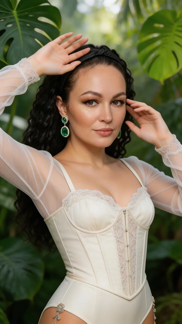  Девушка среди зелёных листьев в светлом комплекте