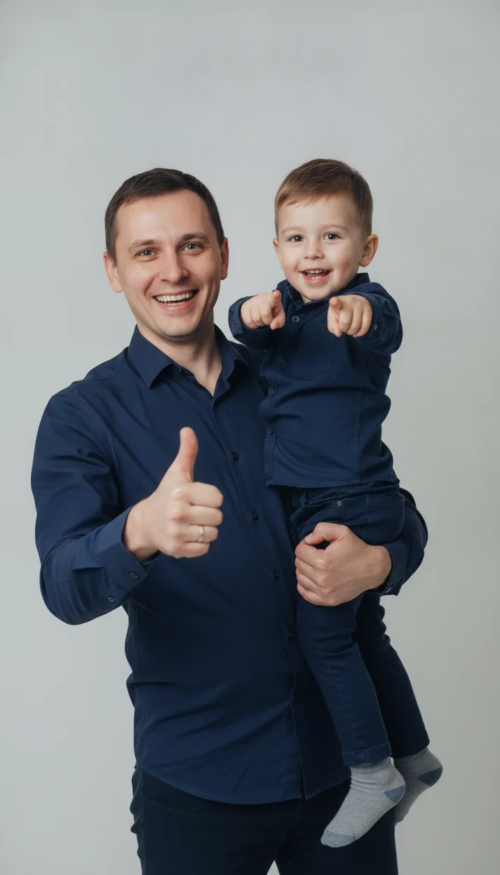 Весёлая студийная фотосессия папы с сыном