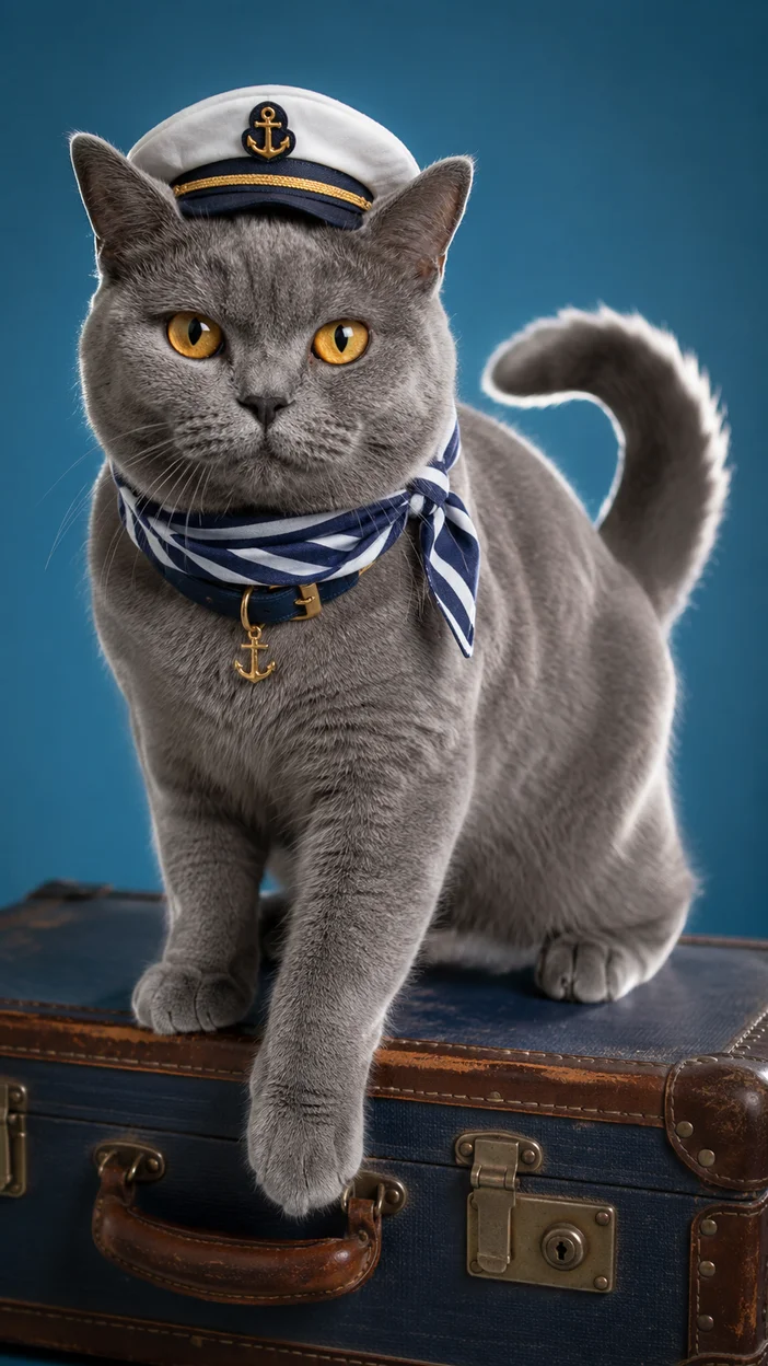 Фотосессия кошки в морском fashion‑образе на чемодане
