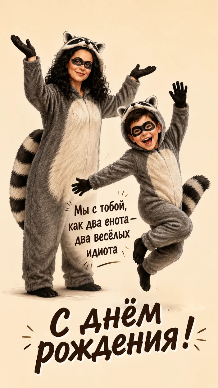 Фотосессия двух человек‑енотов на бежевом фоне с текстом