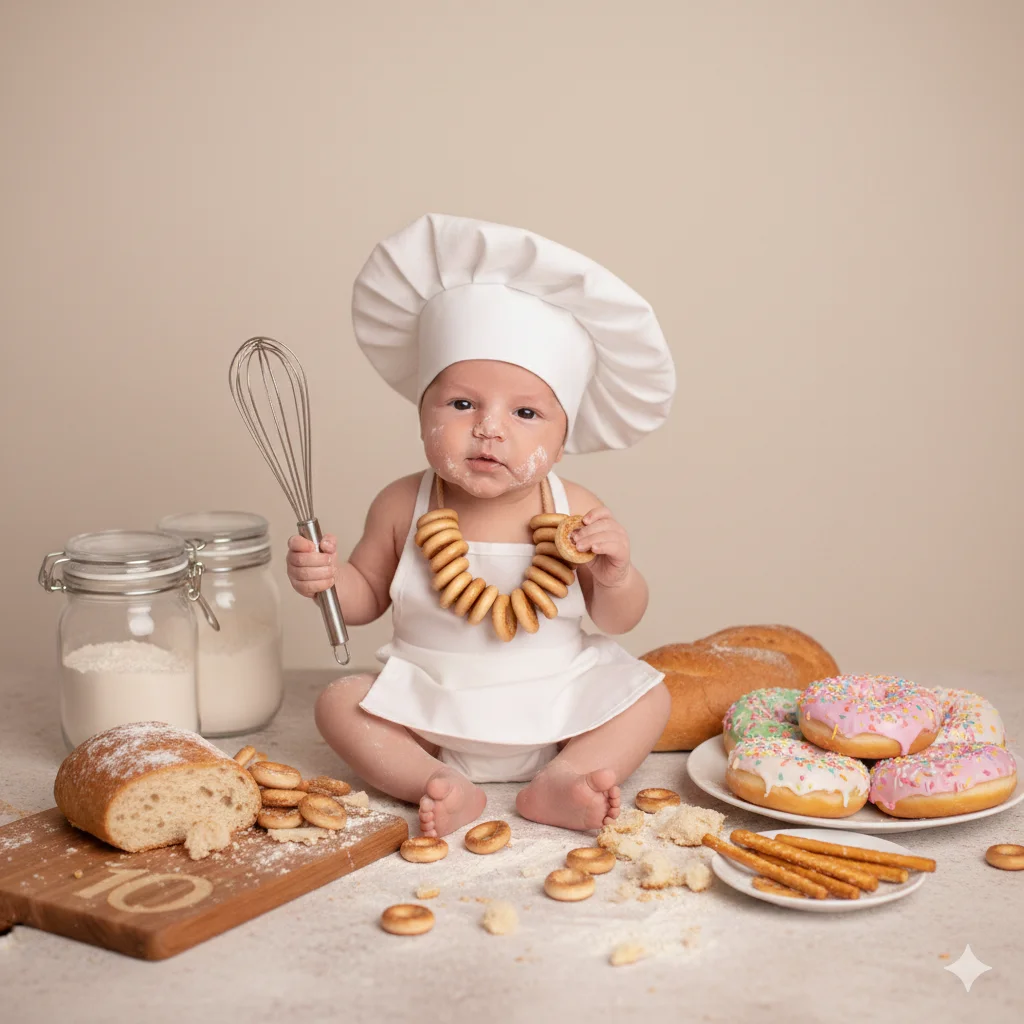 Малыш сидит на столе - повар нейрофото 