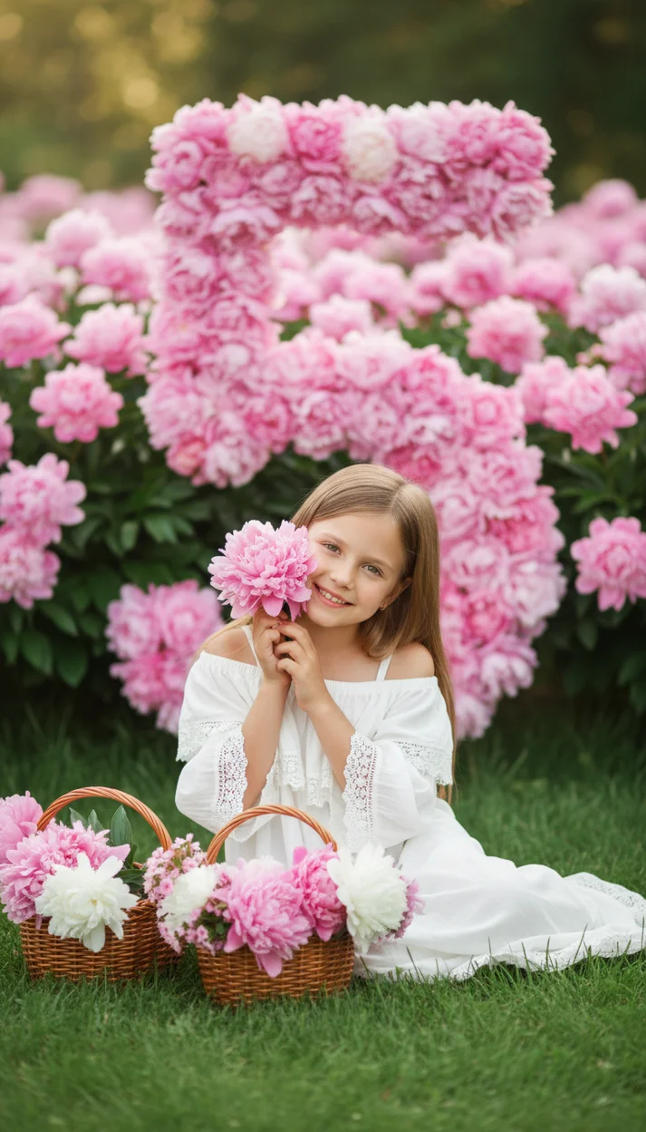  Фотосессия девочки на 5 лет среди розовых пионов
