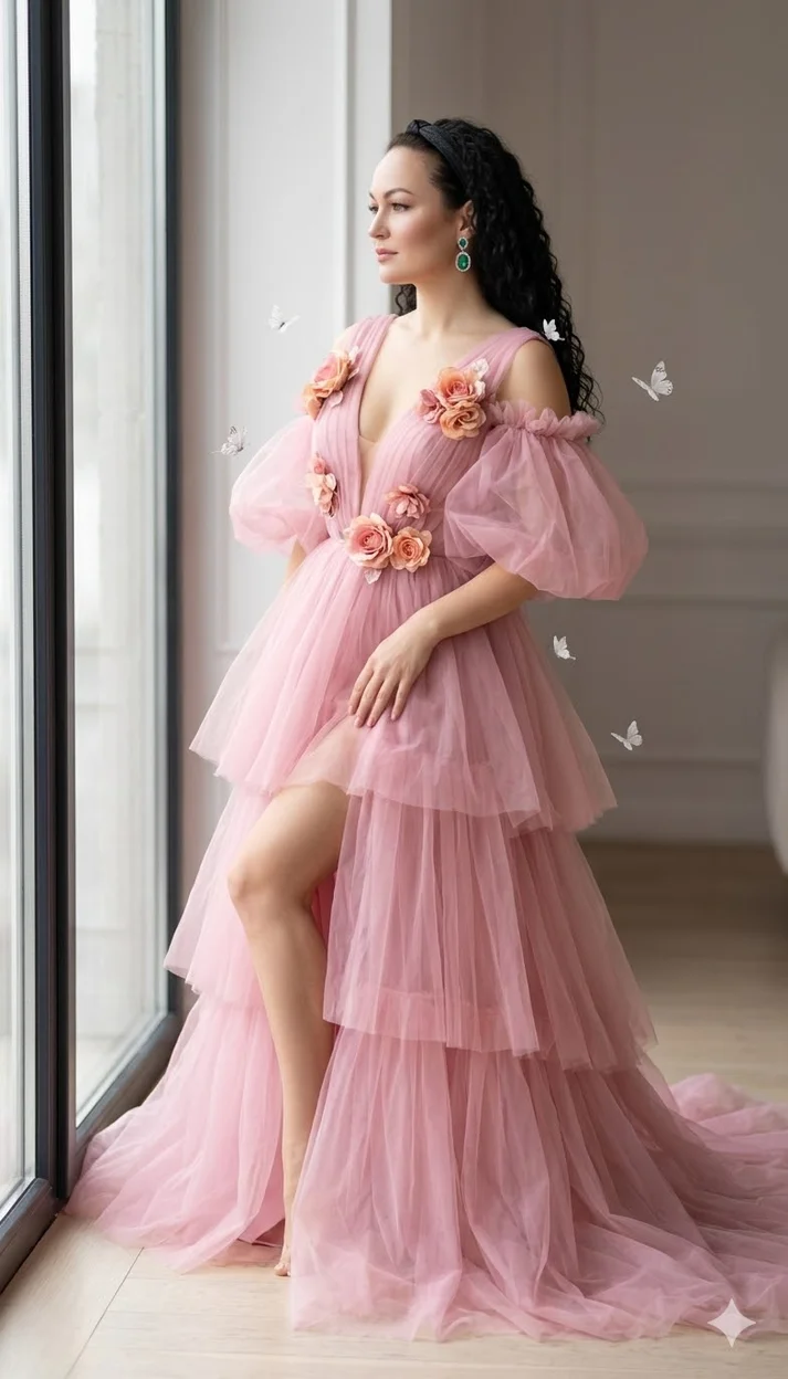 Женщина у окна в розовом воздушном платье с цветами стоит боком