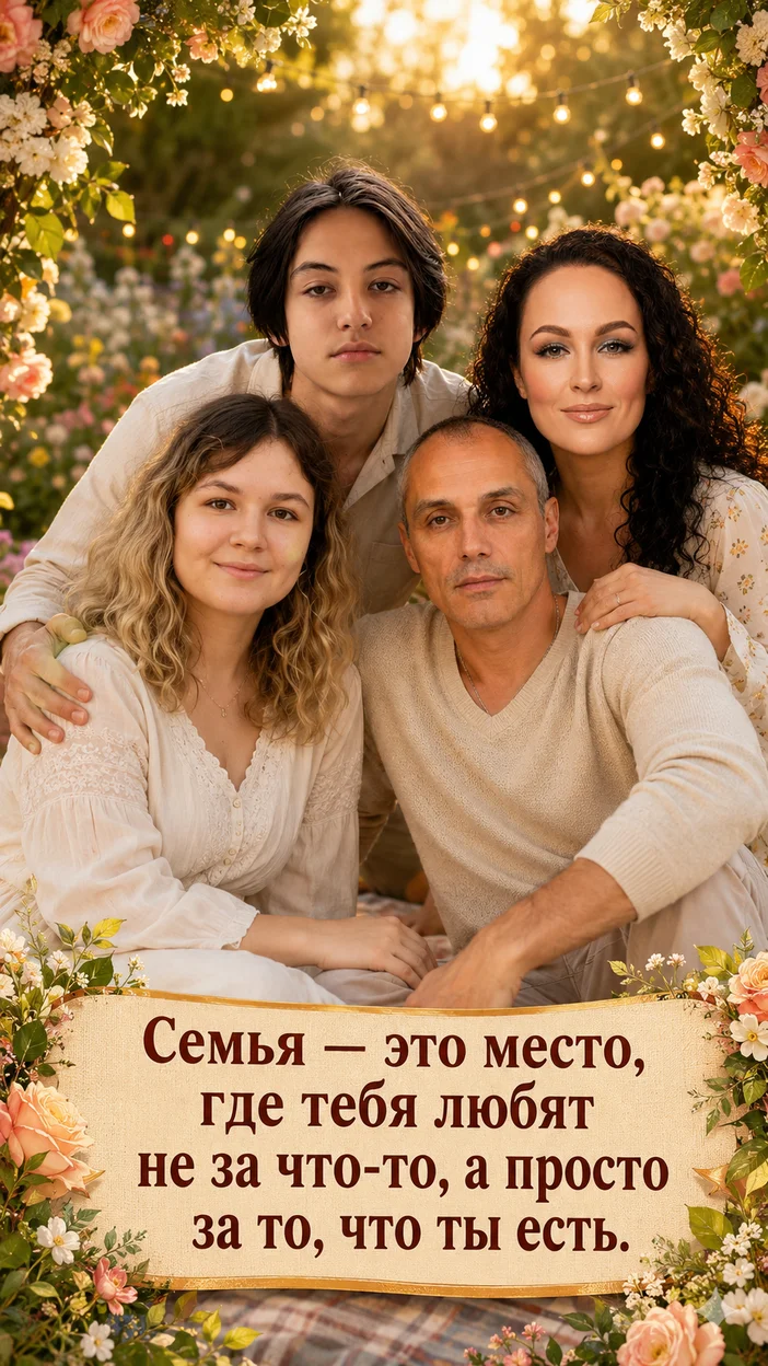 Фотооткрытка для семьи с поздравлением "Семья — это место, где тебя любят не за что-то, а просто за то, что ты есть."
