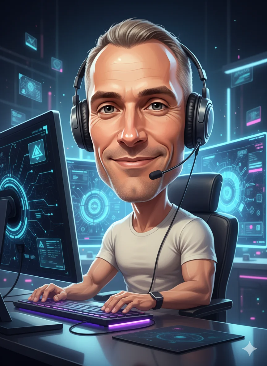 Умный дружелюбный мужчина работает за компьютером в футуристической цифровой студии - шарж по фото 