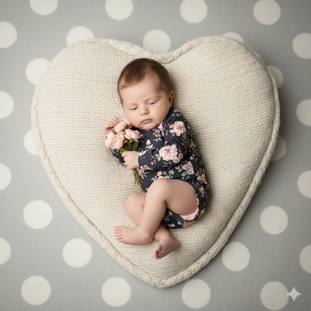Малыш в цветочном боди лежит на пледе в форме сердца