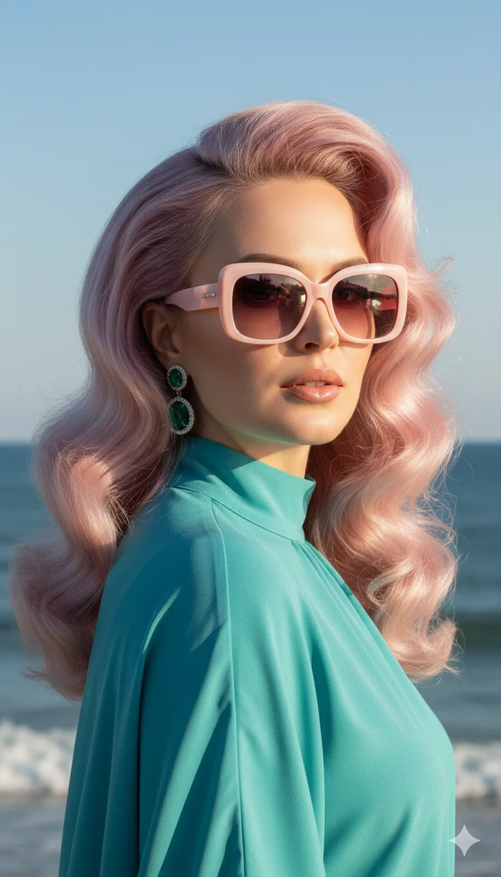 Замена прически  - Объёмные ретро-локоны в пудрово-розовом цвете 