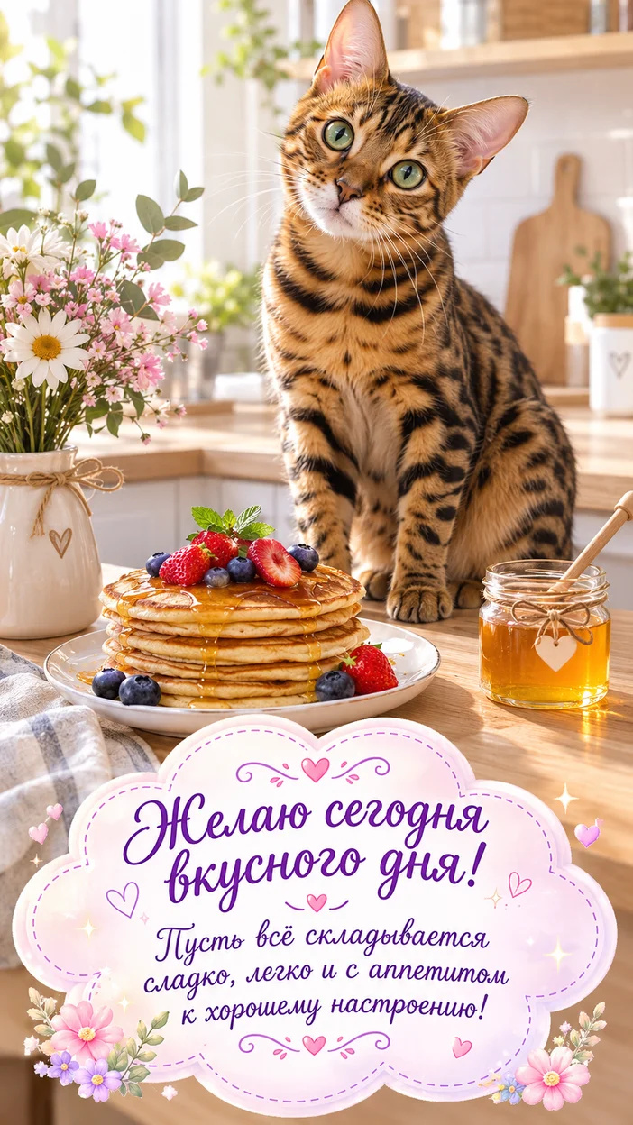 Фотосессия открытка с бенгальским котом на кухонной столешнице