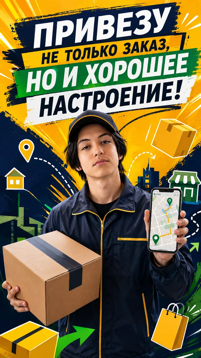 Фотооткрытка для всех с текстом "ПРИВЕЗУ НЕ ТОЛЬКО ЗАКАЗ, НО И ХОРОШЕЕ НАСТРОЕНИЕ!"