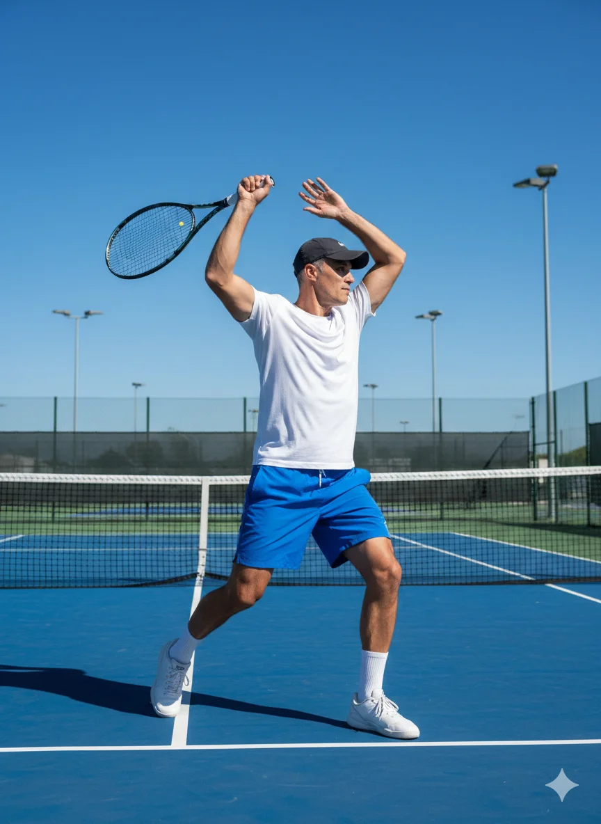 Мужчина на теннисном корте в белой футболке и синих шортах