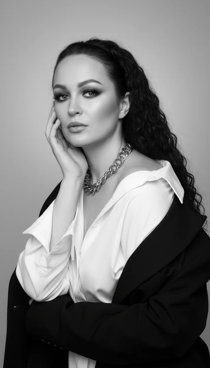 Женщина в студии в рубашке и пиджаке