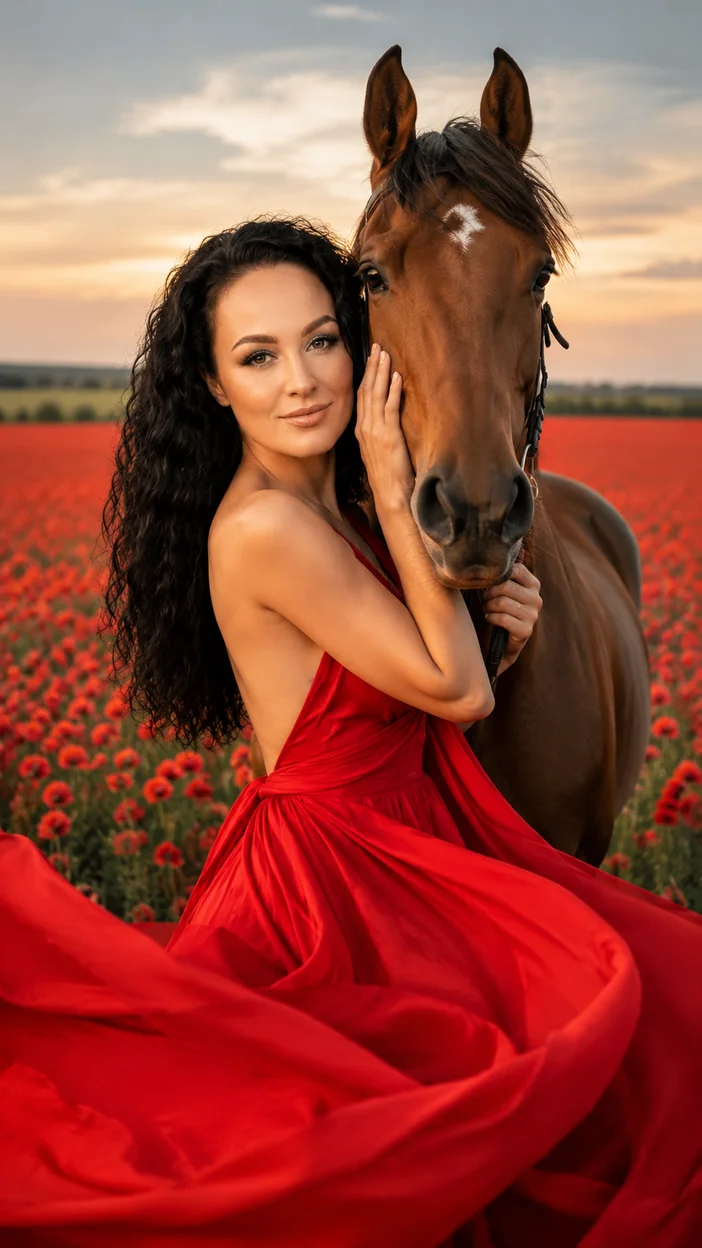 Фотосессия в красном платье с лошадью