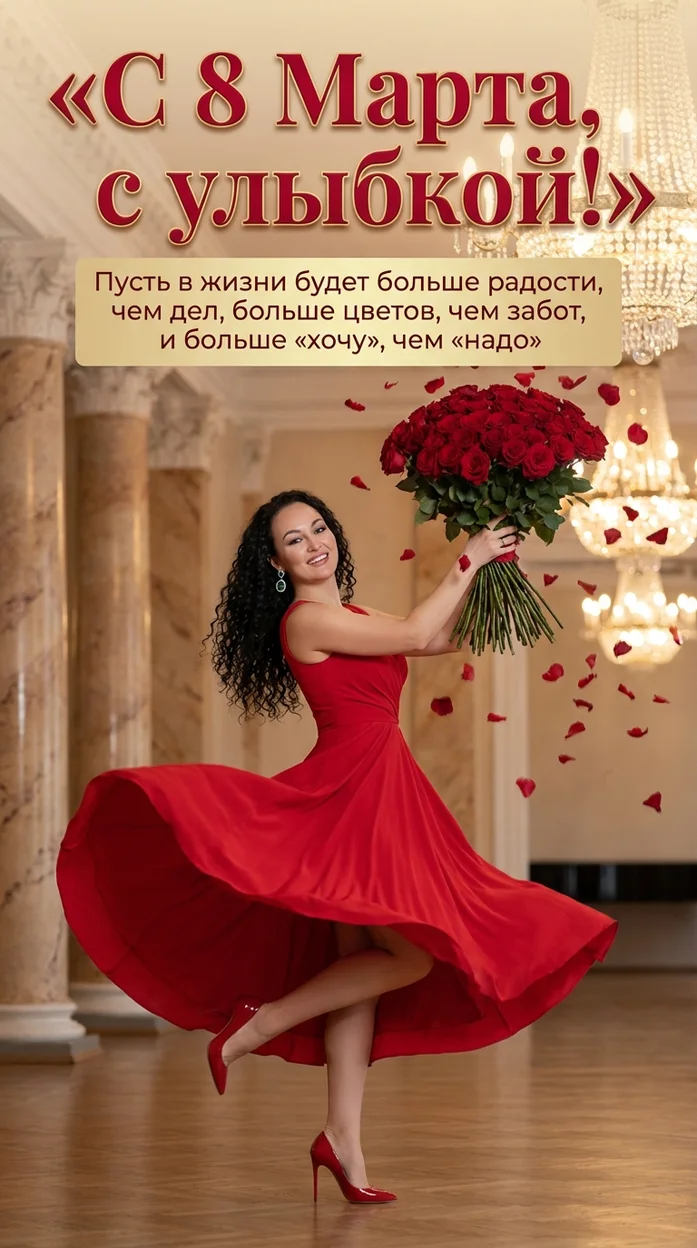С 8 Марта, с улыбкой! Открытка с вашим фото 