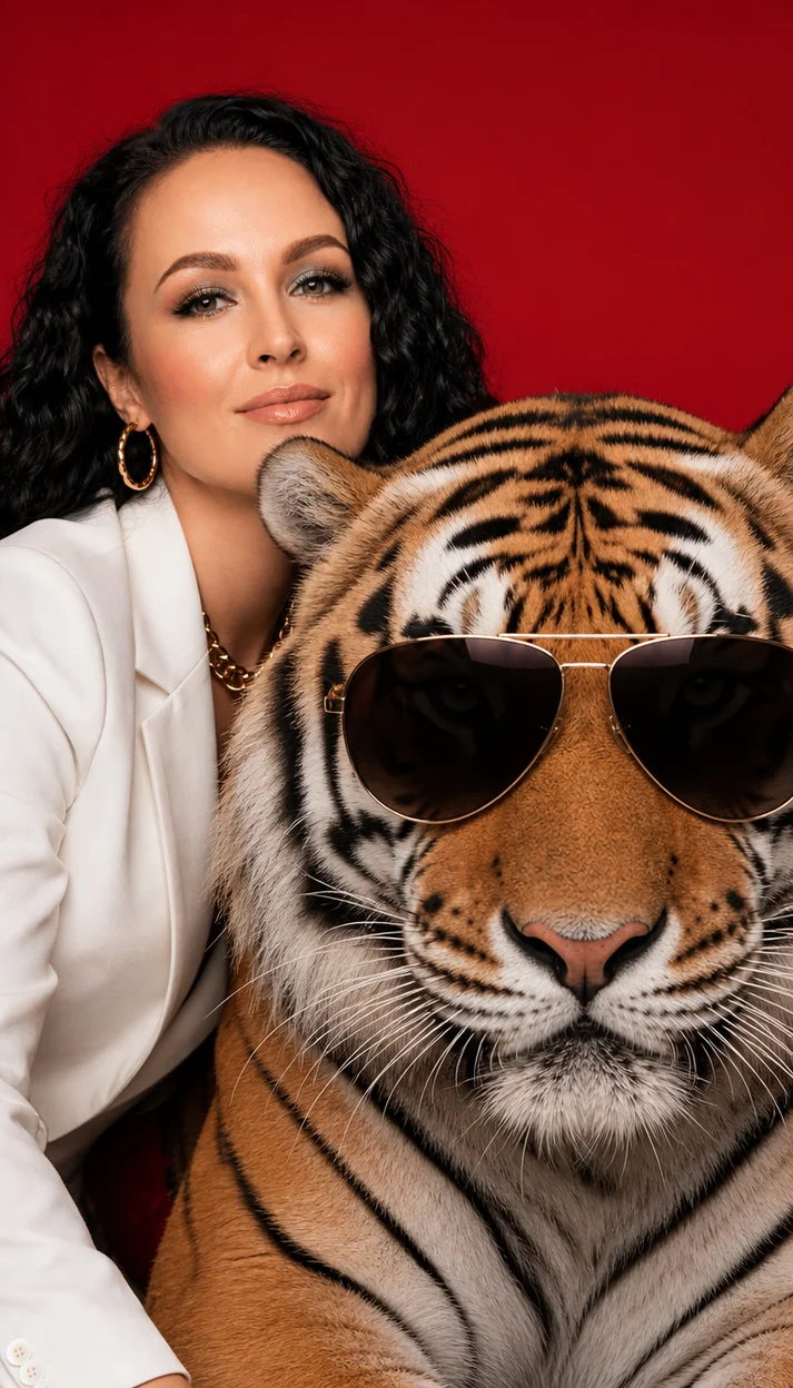 Фотосессия в студии: девушка и тигр в тёмных авиаторах — глянцевый fashion‑портрет