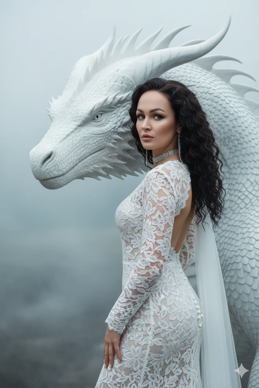 Женщина в кружевном платье рядом с белым драконом на фоне туманного пейзажа