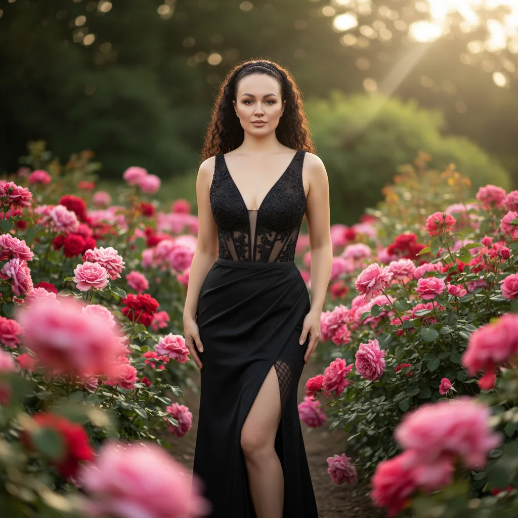  Женщина стоит среди цветущих роз в саду