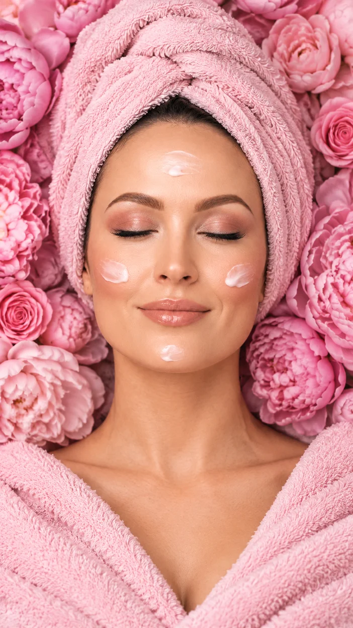 Фотосессия розовый SPA с цветами — портрет с объёмным розовым полотенцем и цветочным облаком