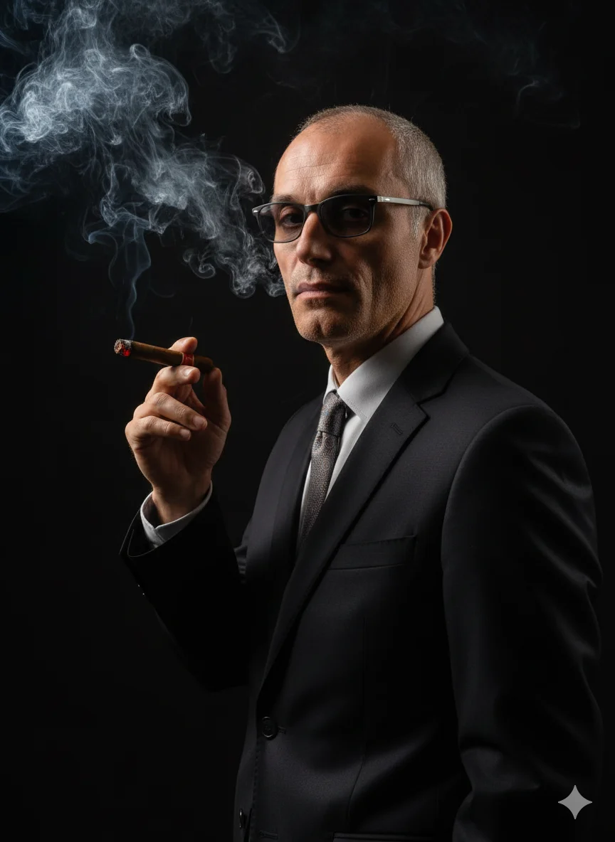 Мужчина в тёмном костюме с сигарой в руке