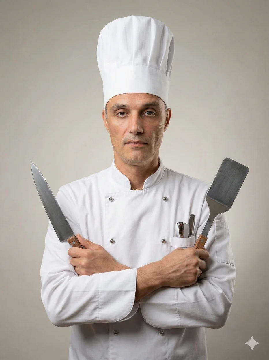 Шеф-повар в белом кителе и колпаке со скрещёнными руками держит нож и лопатку