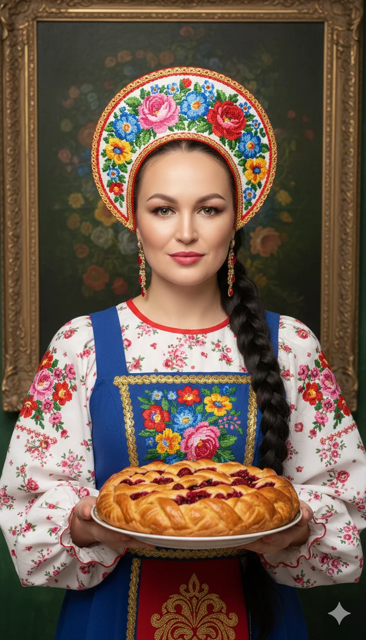 Девушка в русском сарафане с малиновым пирогом