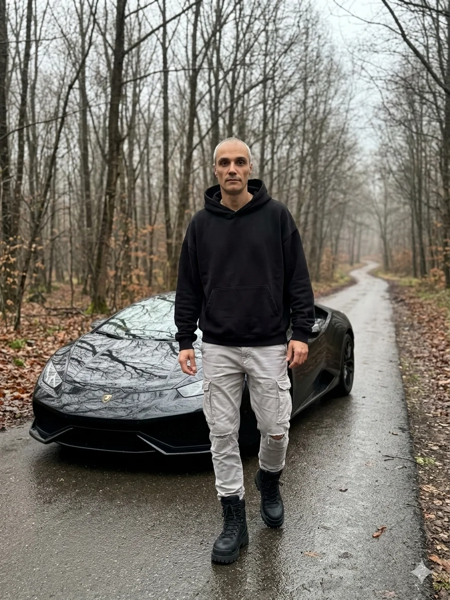 Мужчина в худи стоит на мокрой дороге рядом с чёрным автомобилем в лесу