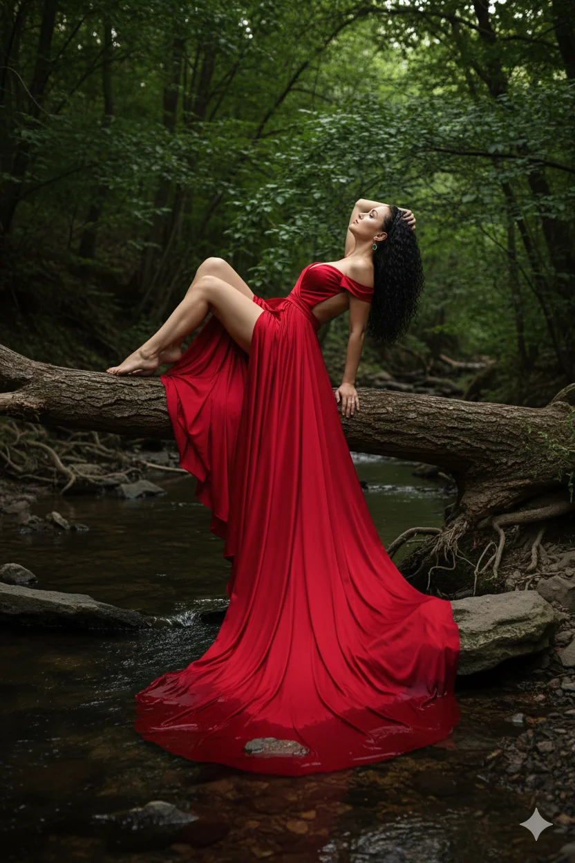 девушка в алом вечернем платье с экстремально длинным шлейфом лежит на поваленном дереве над водой