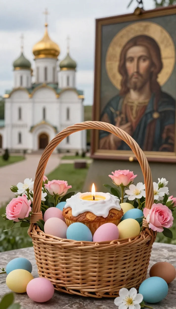 Пасхальная корзина с куличом и яйцами