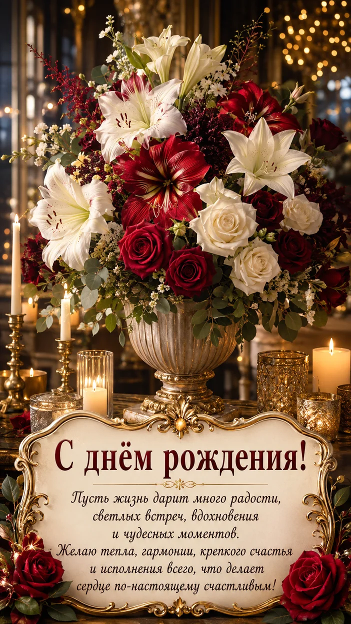 Фотооткрытка с поздравлением «С днём рождения!» (вечерняя высокая композиция)