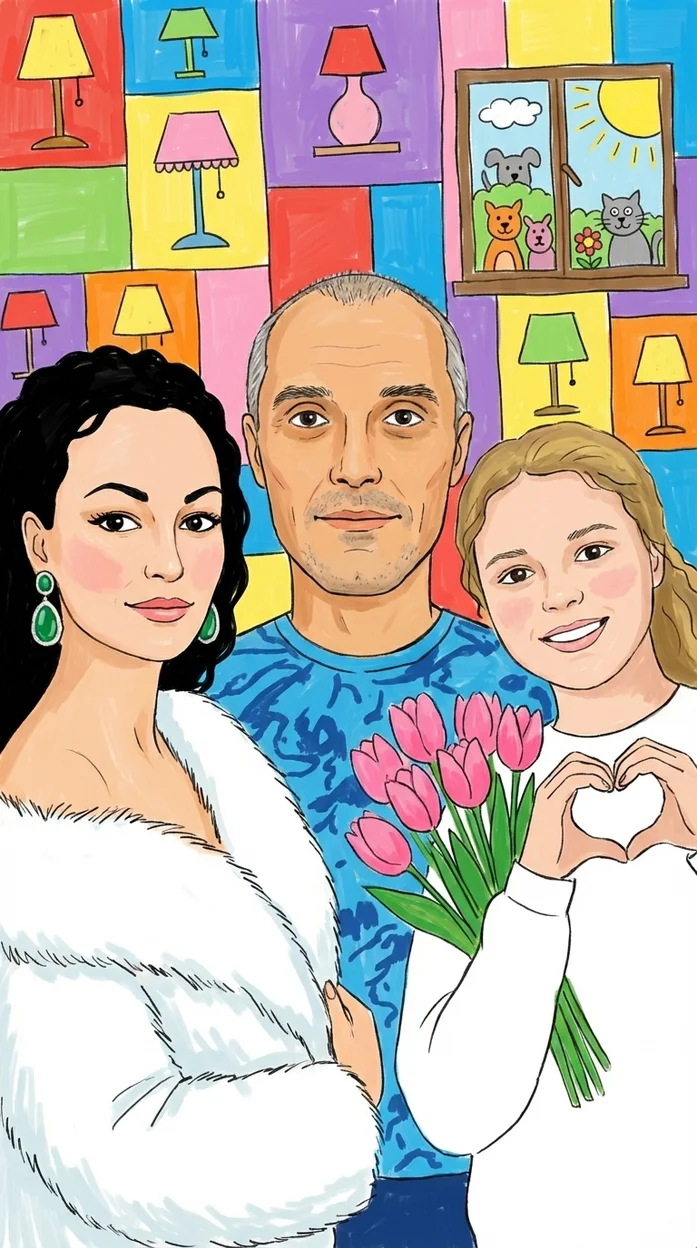 Наивный детский семейный портрет в ярком рисованном стиле