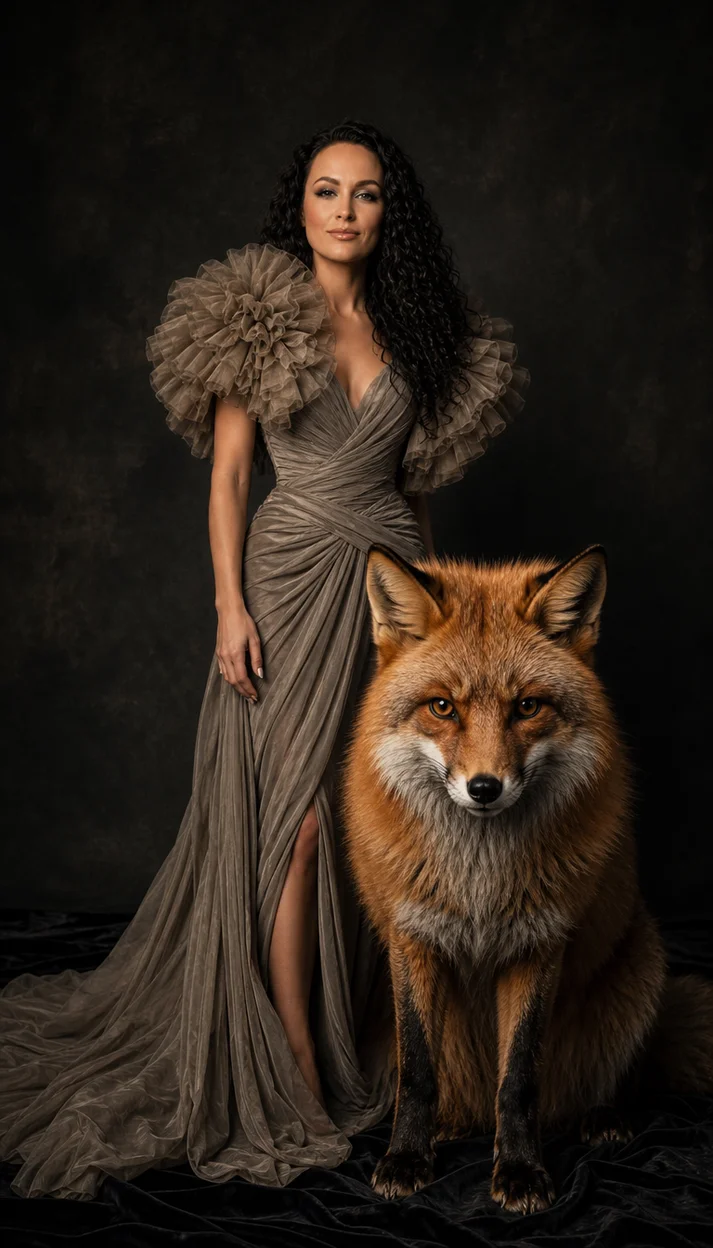 Фотосессия studio fashion: девушка в роскошном платье haute couture рядом с большой лисой на тёмном бархатном фоне