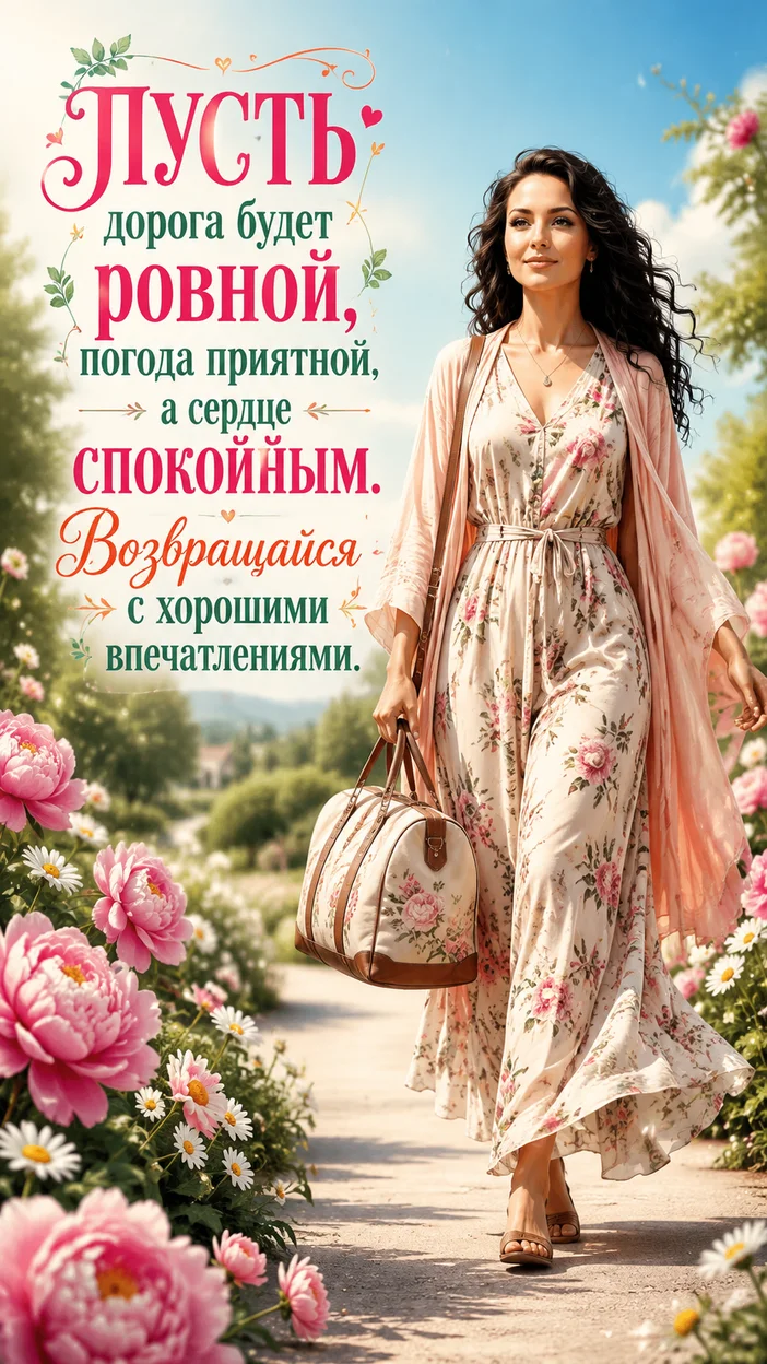 Фотооткрытка для неё с текстом "Пусть дорога будет ровной"