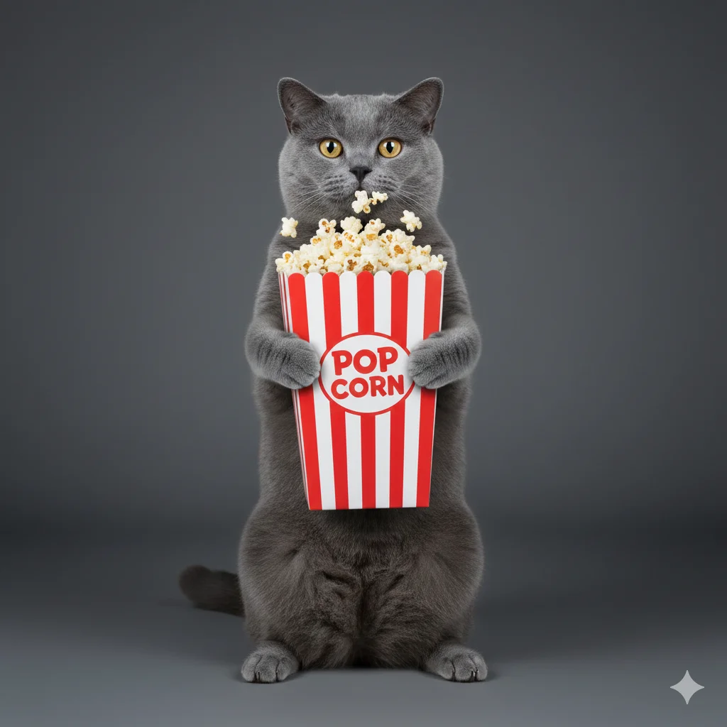 Кошка  в забавном сценическом образе стоит на задних лапах и держит коробку с попкорном