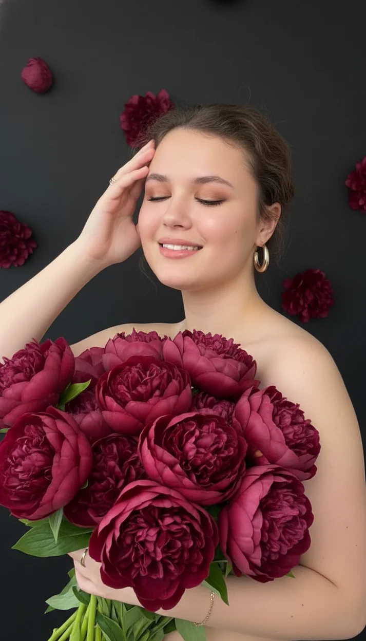 Девушка с букетом пионов в студии